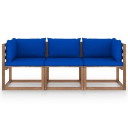 Trivietė sodo sofa iš palečių su mėlynomis pagalvėmis, eglė - Foteliai, sofos