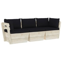 Trivietė sodo sofa iš palečių su pagalvėlėmis, eglės mediena, juoda - Foteliai, sofos