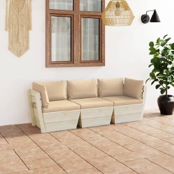 Trivietė sodo sofa iš palečių su pagalvėlėmis, eglės mediena, kreminė