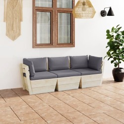 Trivietė sodo sofa iš palečių su pagalvėlėmis, eglės mediena, pilka