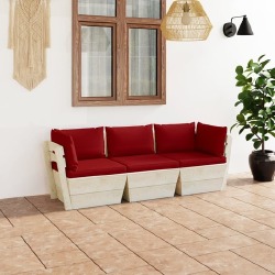 Trivietė sodo sofa iš palečių su pagalvėlėmis, eglės mediena, raudono vyno