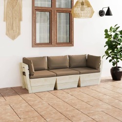 Trivietė sodo sofa iš palečių su pagalvėlėmis, eglės mediena, ruda