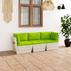Trivietė sodo sofa iš palečių su pagalvėlėmis, eglės mediena, šviesiai žalia