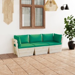Trivietė sodo sofa iš palečių su pagalvėlėmis, eglės mediena, žalia