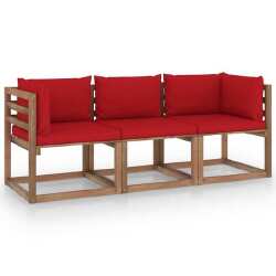 Trivietė sodo sofa iš palečių su raudonomis pagalvėlėmis, eglė
