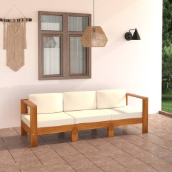 Trivietė sodo sofa su kreminėmis pagalvėmis, akacijos masyvas