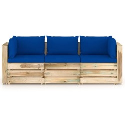 Trivietė sodo sofa su mėlynom pagalvėlėmis, žaliai impregnuota mediena - Foteliai, sofos