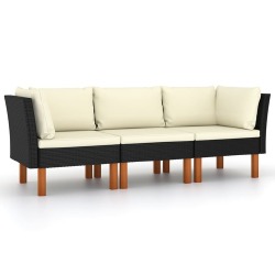 Trivietė sodo sofa su pagalvėlėmis, juodos spalvos, poliratanas - Lauko baldų komplektai