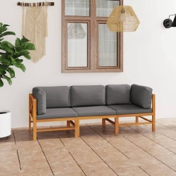 Trivietė sodo sofa su pilkomis pagalvėlėmis, tikmedis