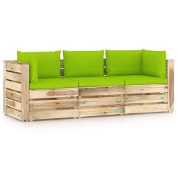 Trivietė sodo sofa su žaliom pagalvėlėmis, žaliai impregnuota mediena