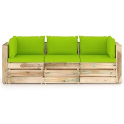 Trivietė sodo sofa su žaliom pagalvėlėmis, žaliai impregnuota mediena - Foteliai, sofos