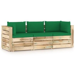 Trivietė sodo sofa su žaliomis pagalvėlėmis, žaliai impregnuota mediena