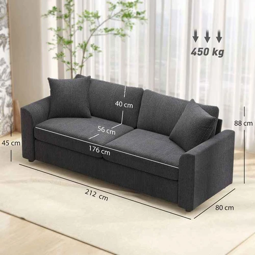Trivietė sofa, 3 vietų, Pilka, 212 × 80 × 88 cm - Sofos