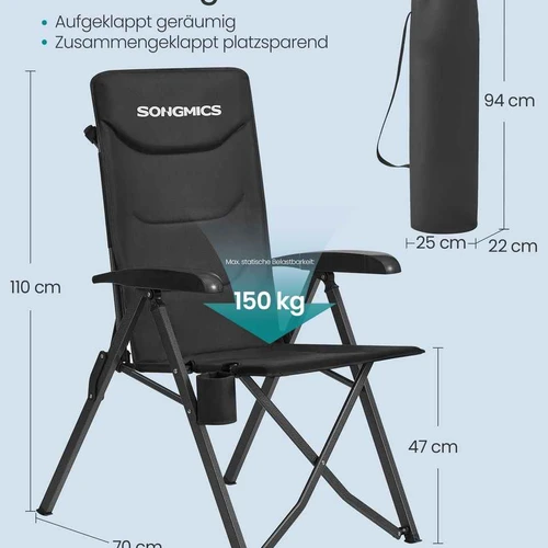 Turistinė kėdė SONGMICS GCB015BZ01, Sulankstoma, 95°–150°, Juoda, 70 × 60 × 110 cm - Kėdės