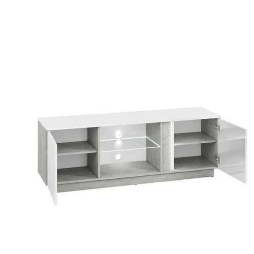 Balta blizgi RTV spinta su stiklinėmis lentynomis ir LED apšvietimu