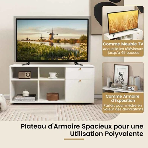 TV staliukas su metaliniais bėgiais ir rankenomis