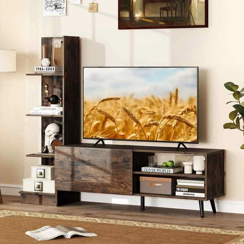 Rudas TV staliukas iki 50 su knygų lentynaTV staliukas 140 cm su 4 pakopų lentyna ir spintelėUniversalus TV stovas iki 50 colių su saugojimo vieta