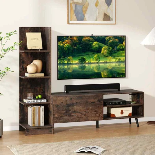 Rudas TV staliukas iki 50 su knygų lentynaTV staliukas 140 cm su 4 pakopų lentyna ir spintelėUniversalus TV stovas iki 50 colių su saugojimo vieta