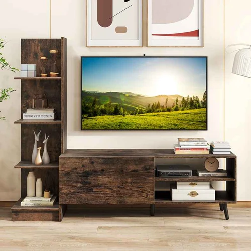 Rudas TV staliukas iki 50 su knygų lentynaTV staliukas 140 cm su 4 pakopų lentyna ir spintelėUniversalus TV stovas iki 50 colių su saugojimo vieta