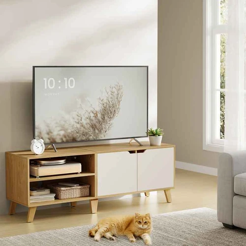 TV staliukas 140x40x50cm., šviesiai rudos/baltos spalvos - TV spintelės