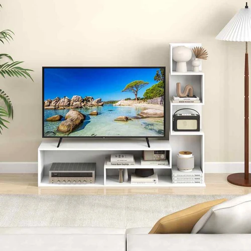 Baltas TV staliukas iki 50 su lentynomis  Universalus TV staliukas 144,5x29,5x121 cm  TV stovas su apsauga nuo apsivertimo  Baltas TV staliukas su