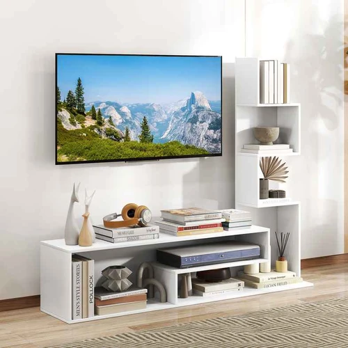 Baltas TV staliukas iki 50 su lentynomis  Universalus TV staliukas 144,5x29,5x121 cm  TV stovas su apsauga nuo apsivertimo  Baltas TV staliukas su