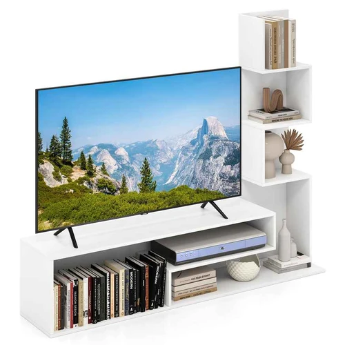 Baltas TV staliukas iki 50 su lentynomis  Universalus TV staliukas 144,5x29,5x121 cm  TV stovas su apsauga nuo apsivertimo  Baltas TV staliukas su