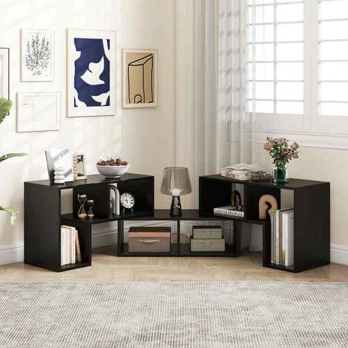 Modernus kampinis TV staliukas su lentynomis