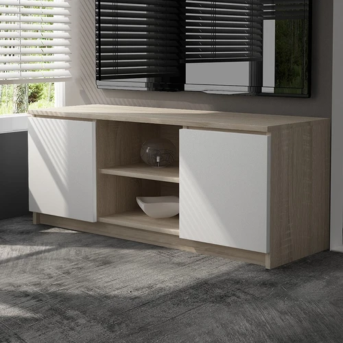 Stilingas televizoriaus korpusas su ąžuolo ir baltos spalvos deriniu