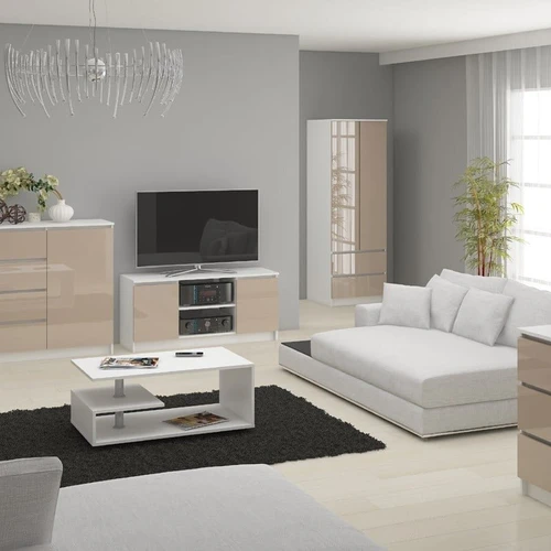 Baltos ir kapučino spalvos TV spintelė su atspariu trinčiai korpusu