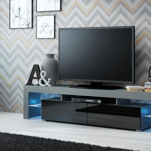 Stilingas RTV stovas su blizgiomis durimis ir stiklinėmis lentynomis