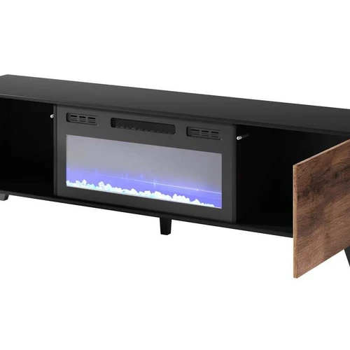 Tvirtas TV stovas su židiniu, 180 cm pločio, ąžuolo ar juodos spalvos