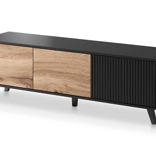 Modernus TV stovas su ąžuolo ir juodos spalvos apdaila