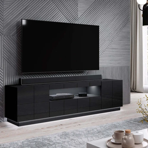 TV stendas su blizgiu frezavimu ir juodomis kojomis