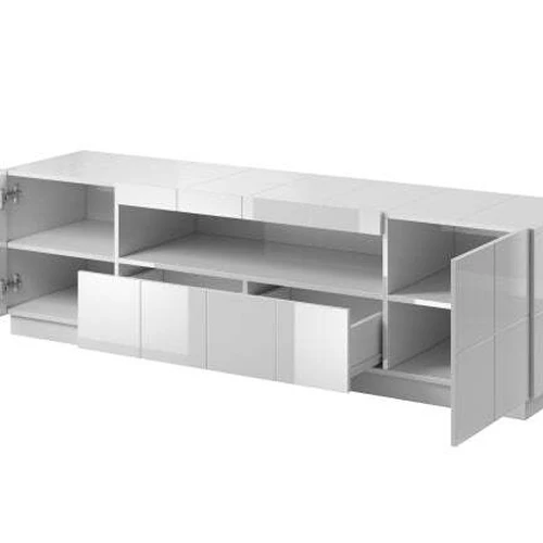 TV stendas su blizgiu MDF priekinėmis dalimis ir LED juostelėmis