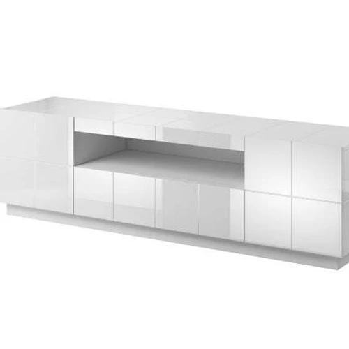 TV stendas su blizgiu MDF ir juodomis plastikinėmis kojomis