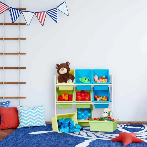 Vaikiška žaislų lentyna Relaxdays, 9 plastikinės dėžės, 65 × 67 × 31,5 cm - Lentynos
