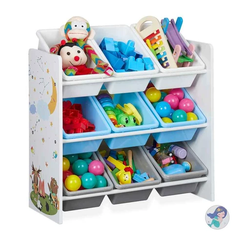 Vaikiška žaislų lentyna Relaxdays, 9 plastikinės dėžės, 65 × 67 × 31,5 cm
