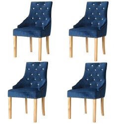 Valgomojo kėdės, 4 vnt., mėlynos, ažuolo masyvas ir aksomas