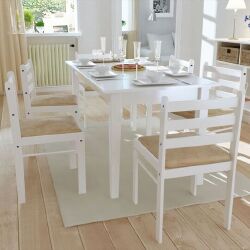 Valgomojo kėdės (6 vnt, baltos, medienos masyvas ir aksomas)