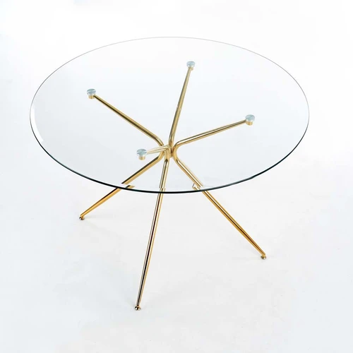 Šiuolaikiškas stiklinis stalas su aukso kojomis