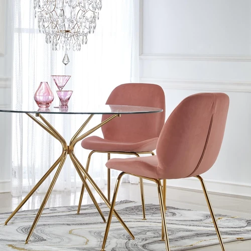 Šiuolaikiškas stalas su skaidriu stiklu ir chromuoto plieno kojomis