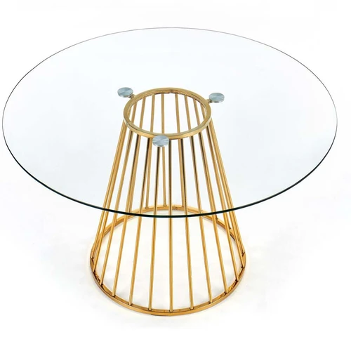 Aukso kojų stiklo stalas – modernus interjero akcentas