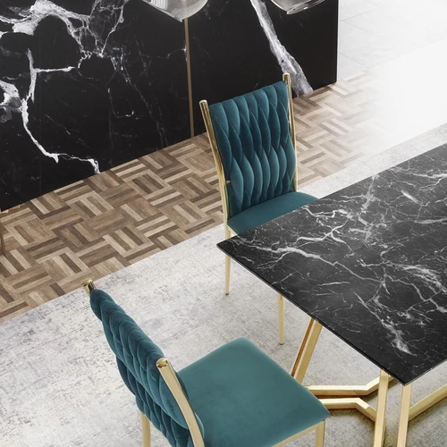 Stiklinis stalas su juodu marmuru ir auksinėmis kojomis