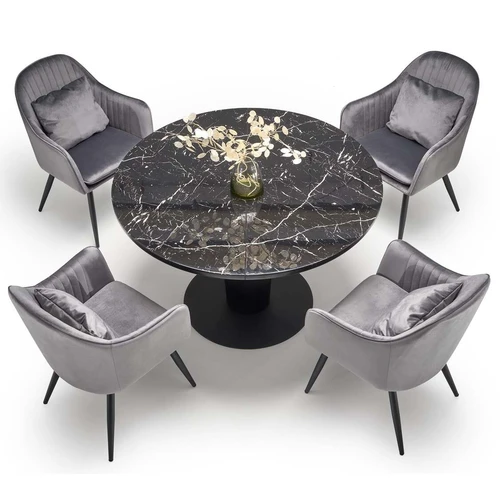 Elegantiškas stalas su marmuro viršumi ir juodomis kojomis