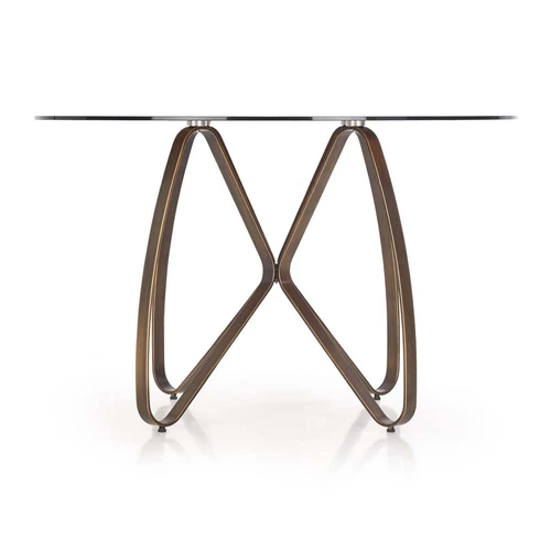 Stiklo stalas su ruda viršutine plokšte ir auksinėmis kojomis