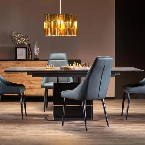 Prailginamasis stalas su stiklo viršūne ir juodomis kojomis