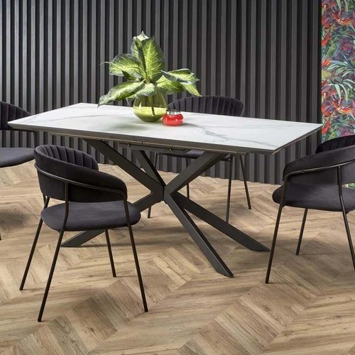 Elegantiškas prailginamasis stalas su baltu marmuru ir tamsiai pilku viršumi