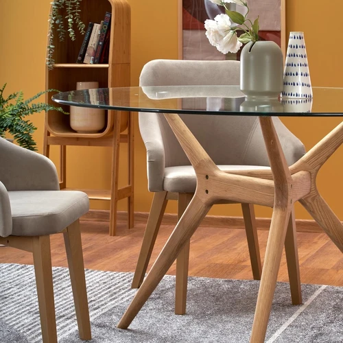 Modernus stiklo stalas su ąžuolo masyvo kojomis