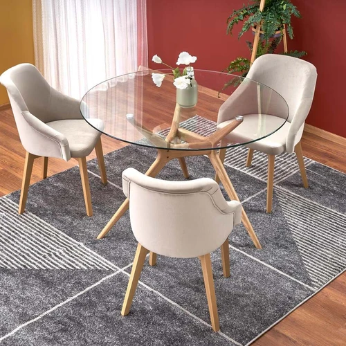 Elegantiškas stiklo stalas su ąžuolo detalėmis